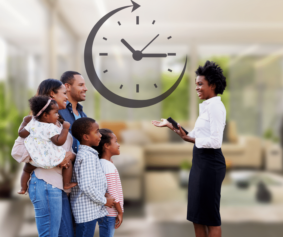 A family being shown a home, with a clock symbol in the background